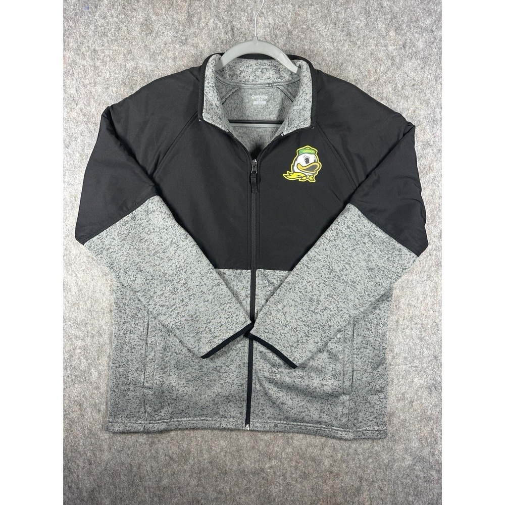 Oregon Ducks Full Zip Jacket Mens L Gray Black Fleece Embroidered Logo